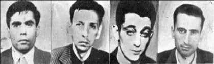Black and white mugshots of the four men involved in the original crime Plata Quemada is based off of. 